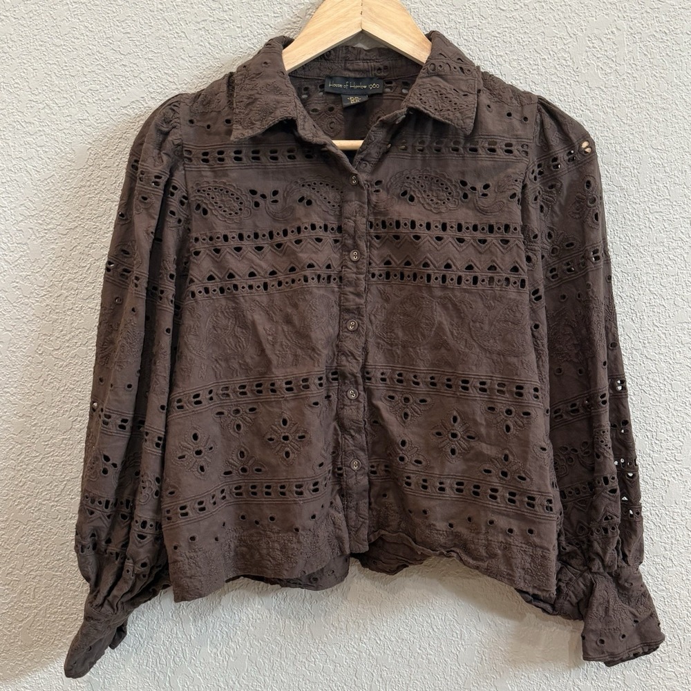House of Harlow 1960 Chocolate Brown Embroidered Eyelet Button Up Blouse